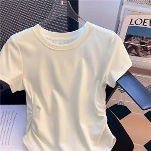 不规则短袖T恤女2025夏季新款韩版宽松设计感小众褶皱收腰上衣潮